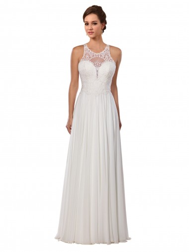 Buy Illusion Neck A-Line Lace and Chiffon Beach Wedding Dress UK