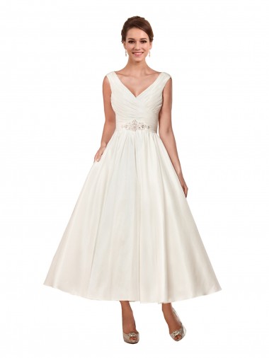 Buy V-Neck A-Line Short Ankle Length Satin Wedding Dress UK