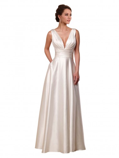 Buy Deep V-Neck A-Line Satin Wedding Dress with Pockets UK