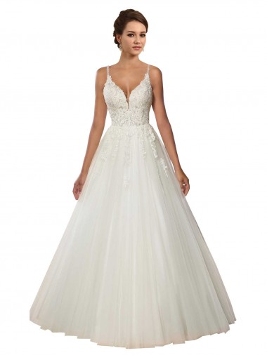 Buy Modern Spaghetti Straps Ball Gown Tulle Wedding Dress with Lace Bodice UK