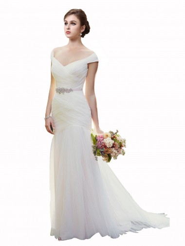 Buy Cap Sleeves Off the Shoulder Ruched Mermaid Tulle Beach Wedding Dress UK