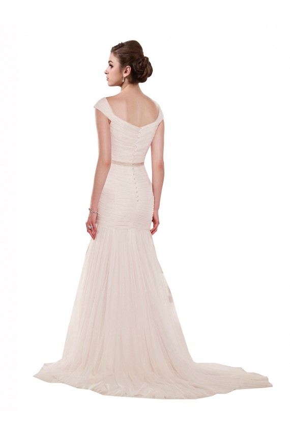 Buy Cap Sleeves Off the Shoulder Ruched Mermaid Tulle Beach Wedding Dress UK