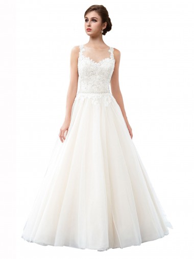 Buy Illusion Neck A-Line Tulle Beach Wedding Dress with Lace Bodice UK