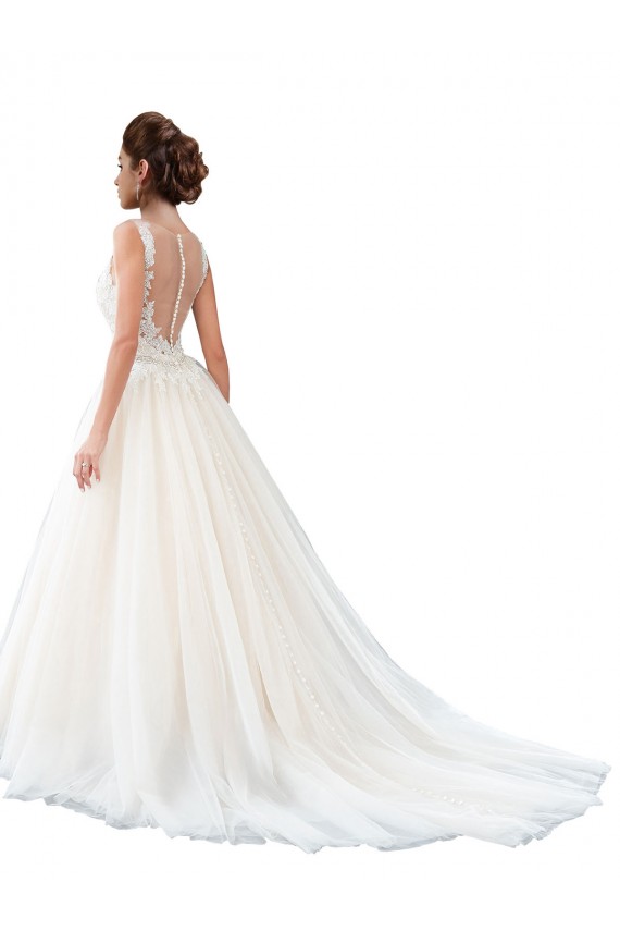 Buy Illusion Neck A-Line Tulle Beach Wedding Dress with Lace Bodice UK