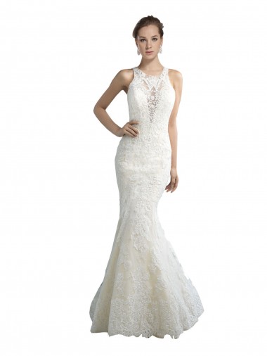 Buy Deep Illusion Neck Mermaid Tulle Beach Wedding Dress with All Over Lace UK