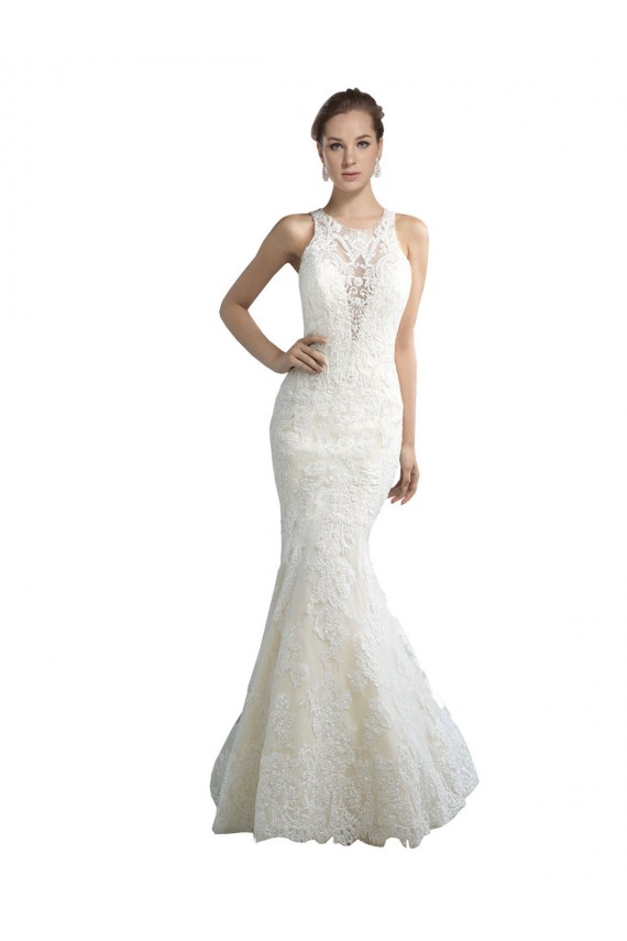 Buy Deep Illusion Neck Mermaid Tulle Beach Wedding Dress with All Over Lace UK