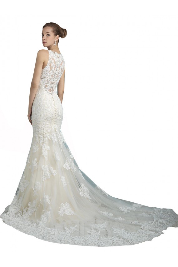 Buy Deep Illusion Neck Mermaid Tulle Beach Wedding Dress with All Over Lace UK