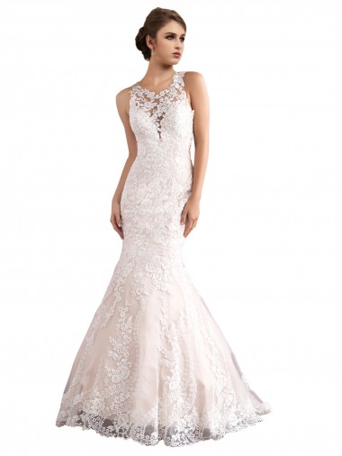 Buy Illusion Neck Fit and Flare Tulle Wedding Dress with All Over Lace UK