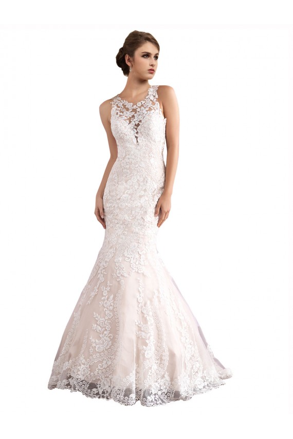 Buy Illusion Neck Fit and Flare Tulle Wedding Dress with All Over Lace UK