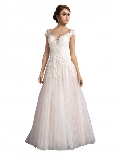 Buy Illusion Cap Sleeves A-Line Tulle Beach Wedding Dress with Lace Bodice UK