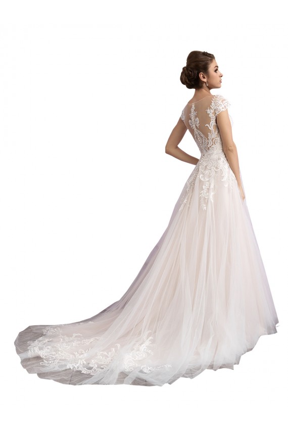 Buy Illusion Cap Sleeves A-Line Tulle Beach Wedding Dress with Lace Bodice UK