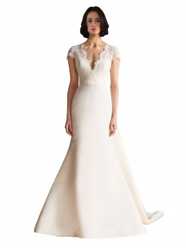 Buy V-Neck Lace Bodice A-Line Satin Wedding Dress with Keyhole Back UK
