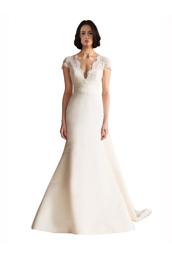 Buy V-Neck Lace Bodice A-Line Satin Wedding Dress with Keyhole Back UK