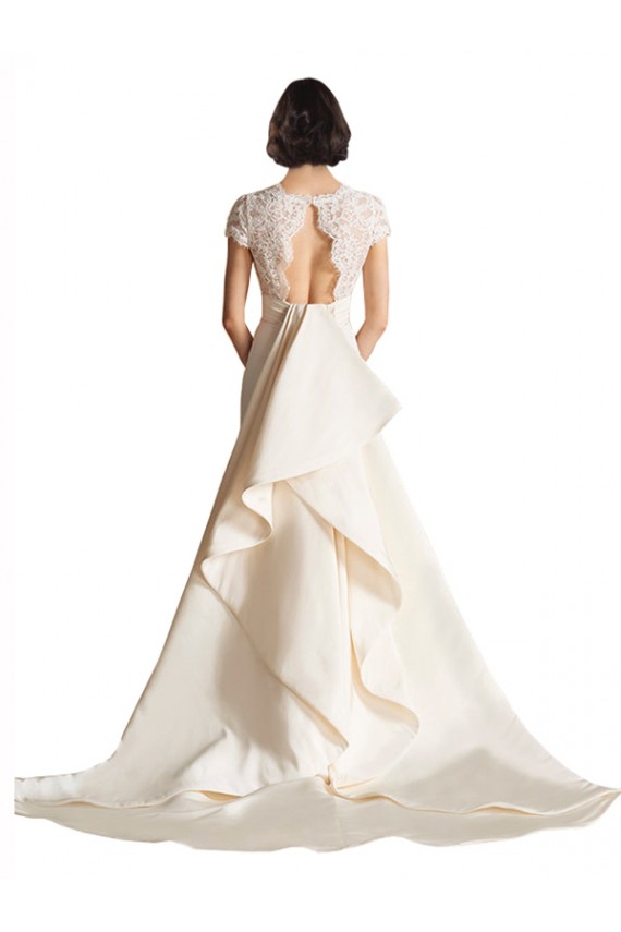 Buy V-Neck Lace Bodice A-Line Satin Wedding Dress with Keyhole Back UK