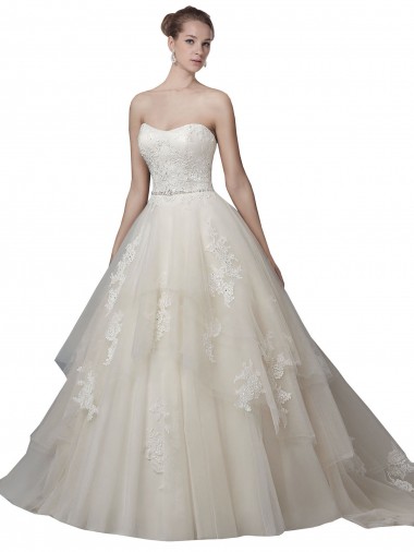 Buy Strapless Ball Gown Tulle Wedding Dress with Lace Appliques UK