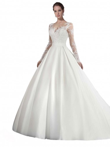 Buy Long Sleeves Illusion Neck A-Line Satin Wedding Dress with Lace Bodice UK