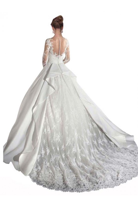 Buy Long Sleeves Illusion Neck A-Line Satin Wedding Dress with Lace Bodice UK