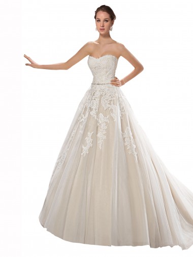 Buy Strapless Ball Gown Tulle Wedding Dress with Lace Cascades UK