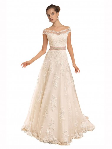 Buy Off the Shoulder Illusion Back A-Line Lace Beach Wedding Dress UK
