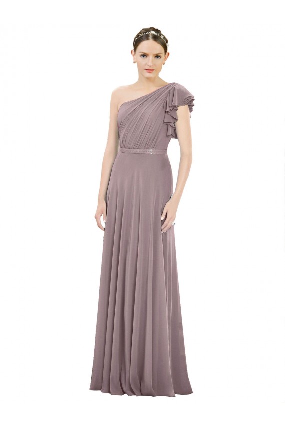 Buy Full Length One Shoulder Chiffon Bridesmaid Dress with Shoulder Ruffle UK