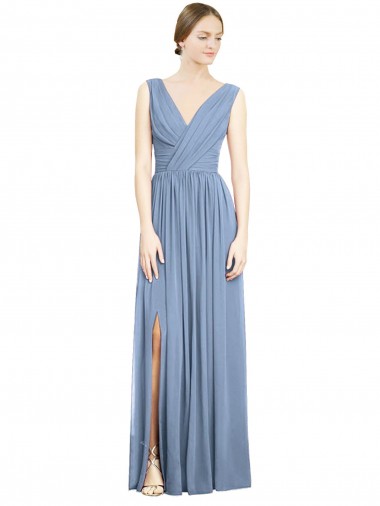 Buy Sleeveless Draped Chiffon Maxi Bridesmaid Dress with Front Slit UK