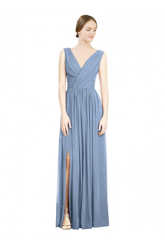 Buy Sleeveless Draped Chiffon Maxi Bridesmaid Dress with Front Slit UK