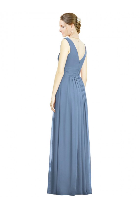 Buy Sleeveless Draped Chiffon Maxi Bridesmaid Dress with Front Slit UK