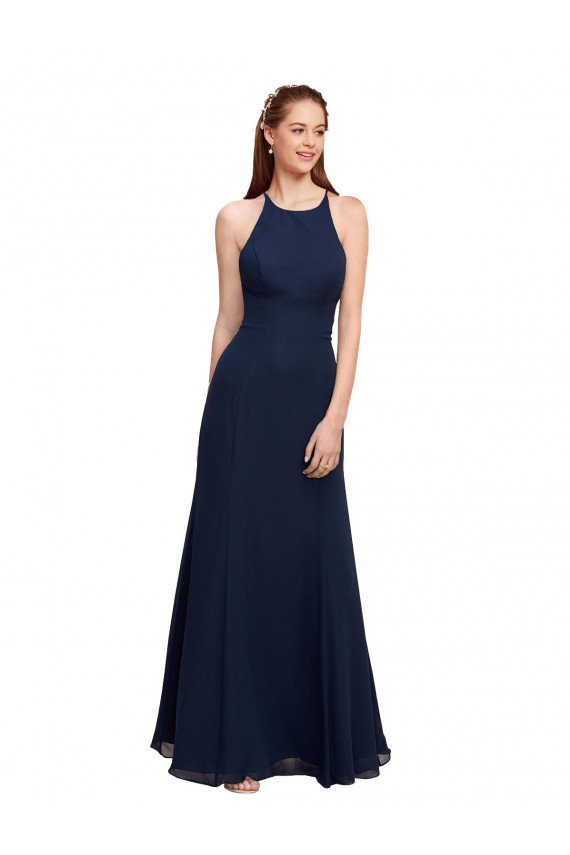 Buy High Halter Fit and Flare Long Chiffon Bridesmaid Dress / Prom Dress with Criss Cross Low Back UK