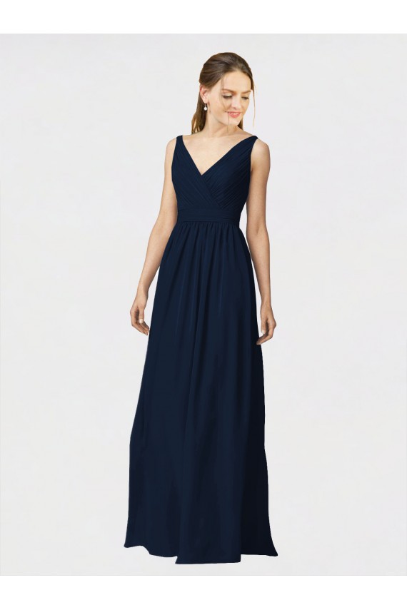 Buy Long Chiffon Bridesmaid Dress with Shirred Bodice and V-Neckline UK