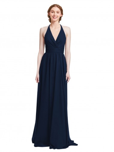 Buy Halter Chiffon Bridesmaid Dress with V-Neckline and Criss Cross Waist UK