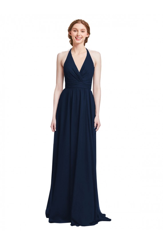 Buy Halter Chiffon Bridesmaid Dress with V-Neckline and Criss Cross Waist UK