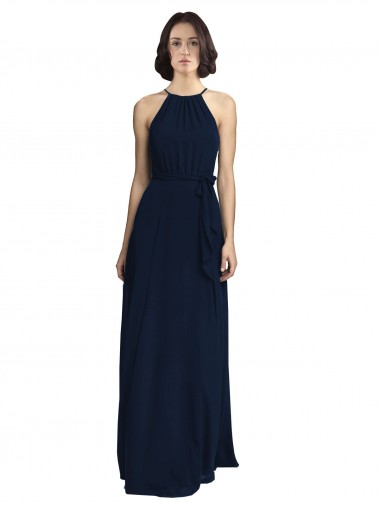 Buy High Neckline Floor Length Chiffon Bridesmaid Dress with Belt UK