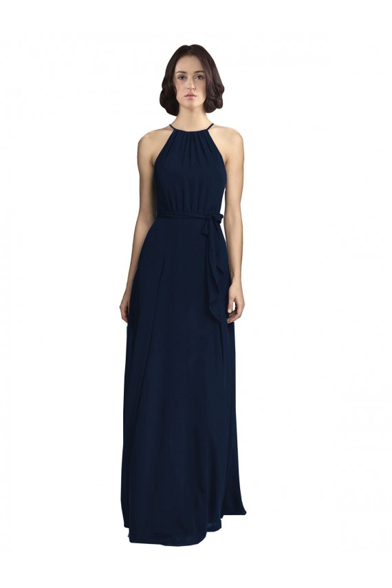 Buy High Neckline Floor Length Chiffon Bridesmaid Dress with Belt UK