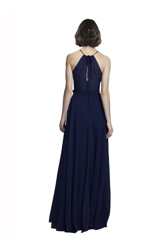 Buy High Neckline Floor Length Chiffon Bridesmaid Dress with Belt UK