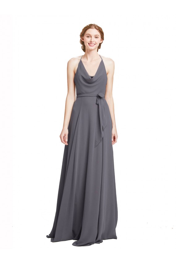 Buy Spaghetti Strap Long Chiffon Bridesmaids Dress with Halter Cowl Neck UK