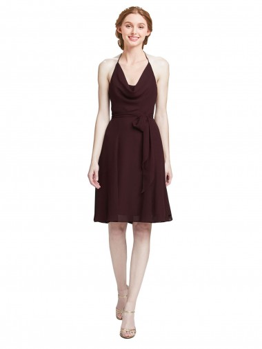 Buy Short Knee Length Chiffon Bridesmaids Dress with Halter Cowl Neck UK