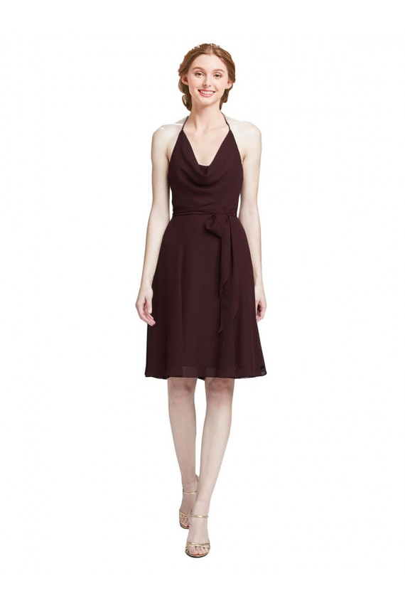 Buy Short Knee Length Chiffon Bridesmaids Dress with Halter Cowl Neck UK