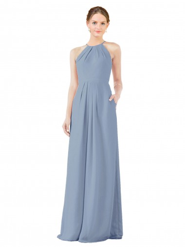 Buy Fitted Long High Halter Neck Chiffon Bridesmaid Dress with Keyhole Back UK