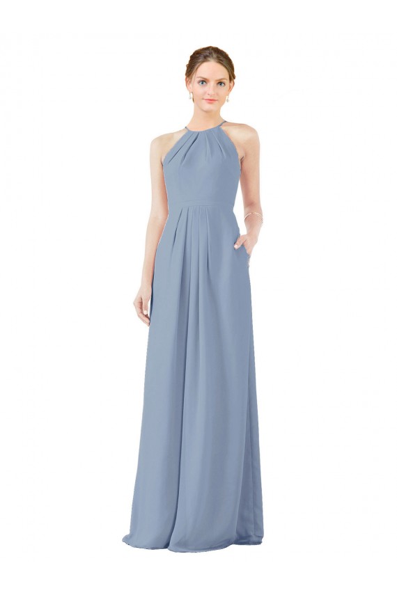 Buy Fitted Long High Halter Neck Chiffon Bridesmaid Dress with Keyhole Back UK