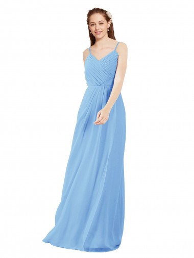 Buy Pleated Low Back Long V-Neck Chiffon Bridesmaid Dress with Thin Straps UK