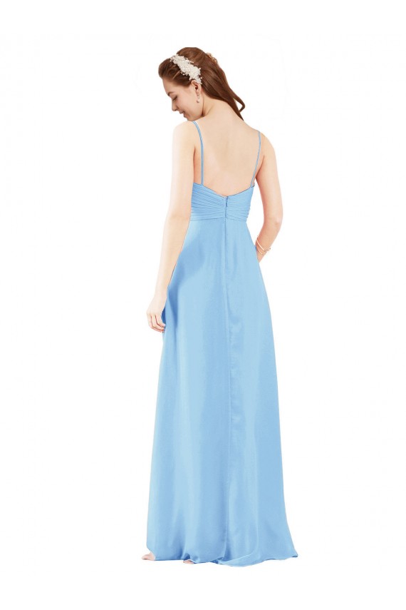 Buy Pleated Low Back Long V-Neck Chiffon Bridesmaid Dress with Thin Straps UK