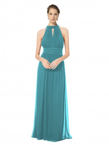 Buy Ruched Long Chiffon Halter Bridesmaid Dress with Tie Back and Tails UK