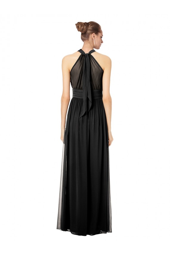 Buy Ruched Long Chiffon Halter Bridesmaid Dress with Tie Back and Tails UK