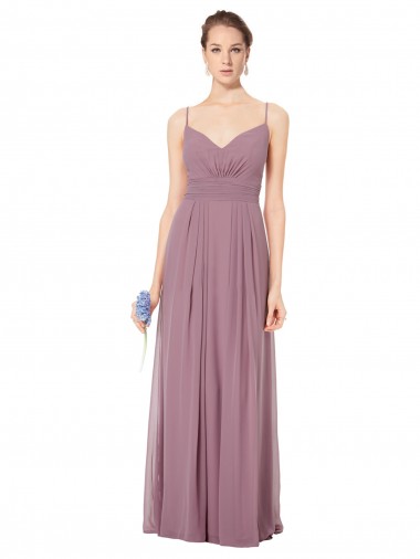 Buy V-Neck Spaghetti Strap Open Back Long Chiffon Bridesmaid Dress UK