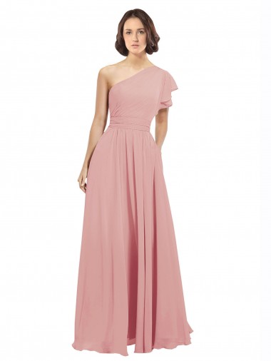 Buy Chiffon Bridesmaids Dress with One Shoulder Flounced Sleeve UK