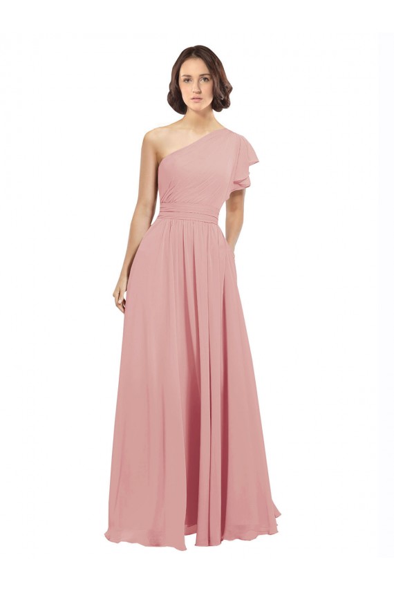 Buy Chiffon Bridesmaids Dress with One Shoulder Flounced Sleeve UK