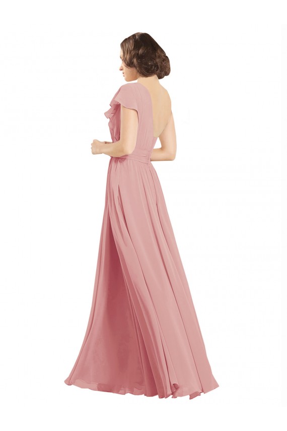 Buy Chiffon Bridesmaids Dress with One Shoulder Flounced Sleeve UK