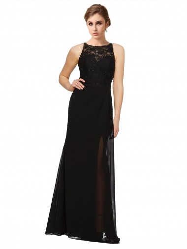 Buy Sheath Beaded and Embroidered Bridesmaids Dress with Lace Bodice and Chiffon Skirt UK