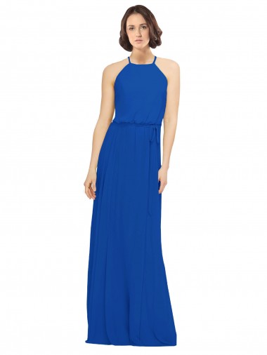 Buy Long Jewel Neckline Chiffon Bridesmaids Dress wit Chiffon Tie Sash UK