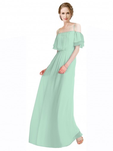 Buy Spaghetti Straps Long Chiffon Off-The-Shoulder Bridesmaid Dress with Double Flounce Sleeves UK
